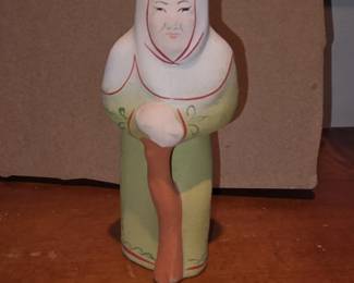 Folk Art Figurine of a Woman with Staff  Possibly Russian or Eastern European