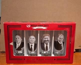 Russian Vodka Shots Rule Set of Mug Shots Khrushchev, Gorbachev, Yeltsin, Putin