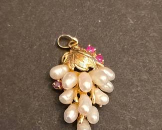 14K Gold Pearl and Ruby Grape Cluster Pendant