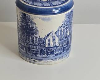 Delft Blue Hand Painted Canal Houses Ceramic Stroopwafel Jar with Lid