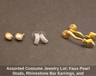 Assorted Costume Jewelry Lot Faux Pearl Studs, Rhinestone Bar Earrings, and Abstract GoldTone ClipOns