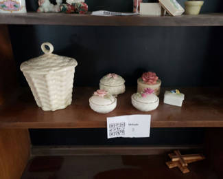 Lot 2: Ceramic lidded boxes and a basket-pattern container