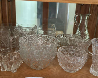 Lot 43: Assorted Cut Glass Bowls, Glassware, Vase, and Pitcher