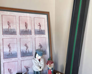 Lot 71: Golf-Themed Figurines, Framed Golf Print, and Putting Track.