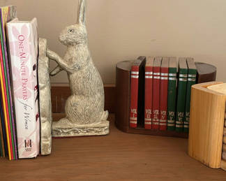 Lot 74: Rabbit Bookends with Children’s Books and Book Themed Coasters