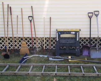 Lot 126: Assorted Yard Tools, Ladder, and Lawn Sprinklers