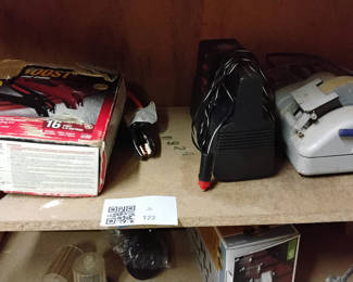 Lot 122: Battery Booster Cables, Power Inverter, and Bench Grinder