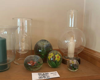 Lot 75: Glass Decorative Lamps, Candle Holders, and Floral Paperweights
