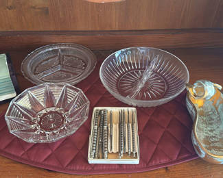 Lot 83: Assorted Glass Serving Dishes, Metal Picks, Ceramic Pitcher, and Card Set