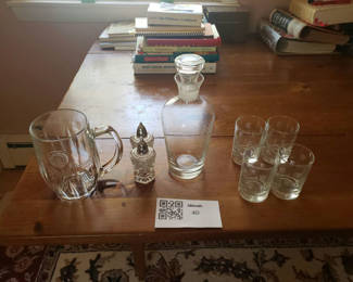 Lot 40: Beer mug, crystal shakers, decanter, and drinking glasses