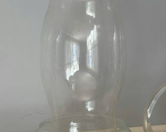 Lot 51: Assorted Clear Glass Hurricane Candle Holders, Pitcher, and Stemware