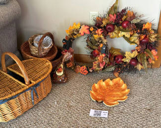 Lot 85: Autumn Wreaths, Decorative Leaf Dish, and Wicker Baskets