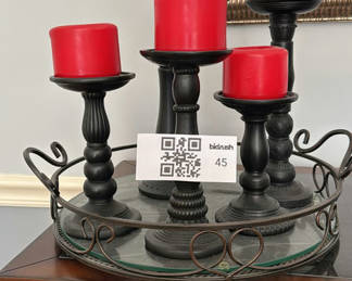 Lot 45: Five Candle Holders with Red Pillar Candles on Metal Tray
