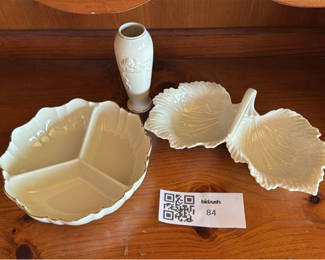 Lot 84: Lenox Ivory Ceramic Serving Bowl, Leaf Dish, and Bud Vase