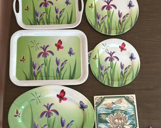 Lot 37: Plastic Floral Serving Trays, Plates, Oval Platter, and Decorative Tile