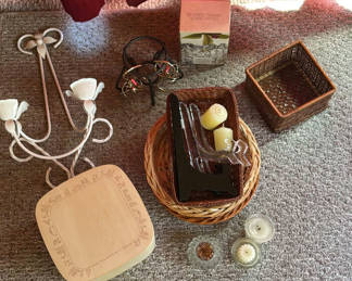 Lot 87: Assorted Home Decor Items Including Baskets, Candle Holders, and Crystal Marbles