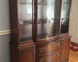 Lot 56: Wooden Display Cabinet with Decorative Trays, Basket, and Glass Plates