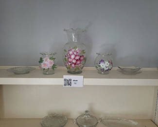 Lot 52: Floral hand-painted glass vases with bowls