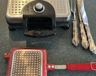 Lot 31: Electric Waffle Maker, Stovetop Grill Press, and Three-Piece Carving Set