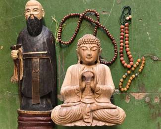 6038  Carved Wooden Figures with Prayer Beads