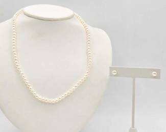 818  10k Gold  Pearl Necklace and Earrings, 14.9g