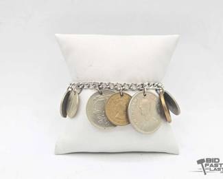 962  Sterling Silver Bracelet with Foreign Coin Charms