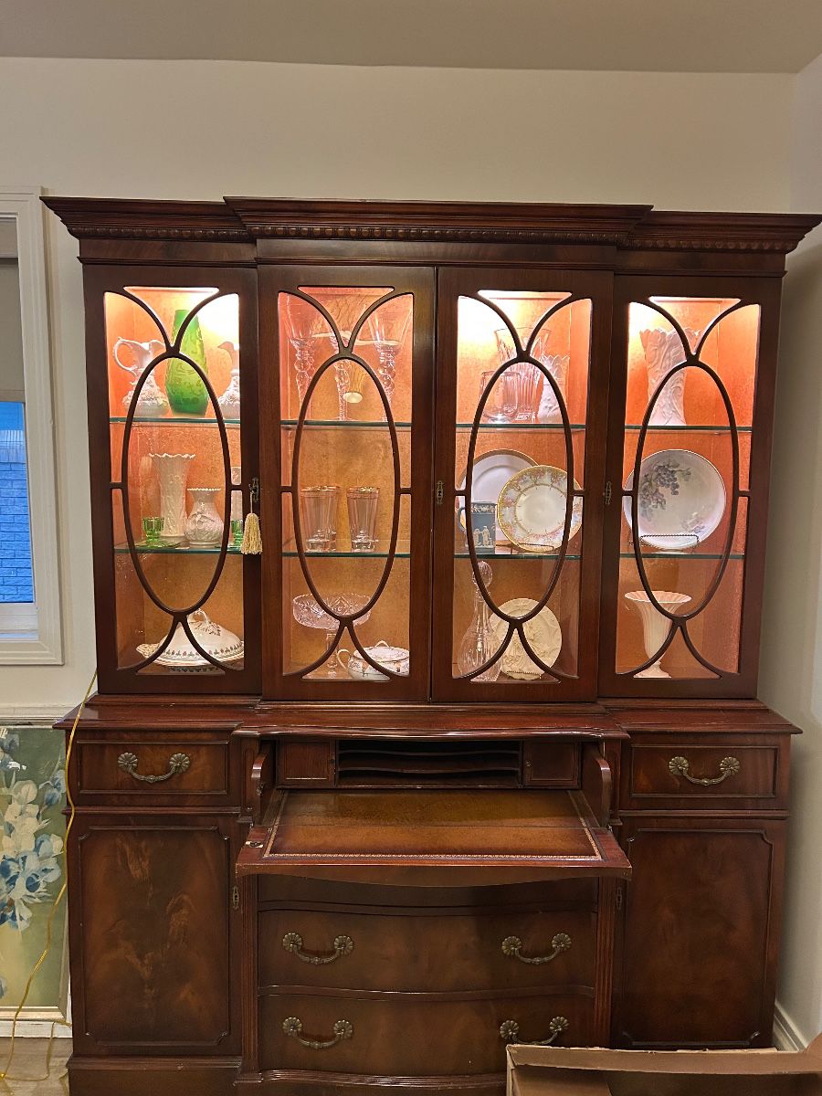 Georgian-style breakfront with curved glass and drop-down secretary