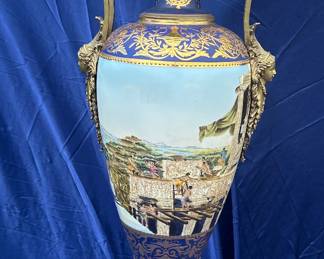 Large lidded hand-painted porcelain and bronze Sevres-style urn