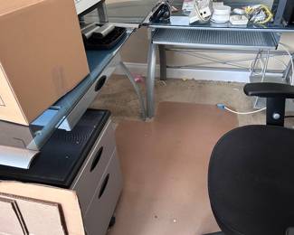 Glass “L” desk, file cabinet 