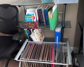 Desk chair, rolling file, glass bookshelf 