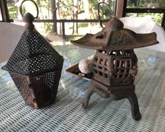 Old cast iron Japanese pagoda lantern and hand made woven lantern.  