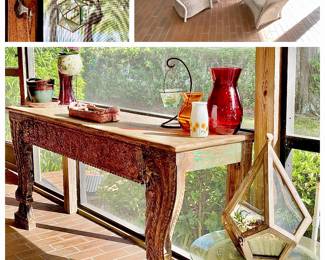 Lloyd Flanders Lloyd Loom White Dining 5pc set. Antiqued & Carved long table