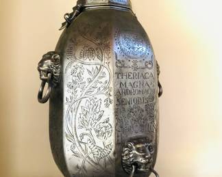 European Theriaca Magna Apothacary Vessel - Monumental Chased Pewter With Lion Masks.  