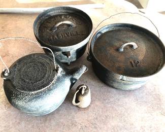 Antique cast iron tea kettle, Dutch oven, and lidded pot