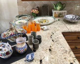 Portugal ceramic serving wares.  Vintage tangerine frosted pitcher and glasses.  