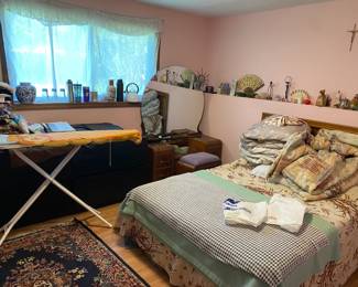 Full size bed, mid century dresser, and normal dresser