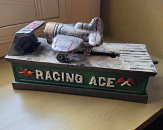 Vtg Cast Iron Mechanical Bank Racing Ace