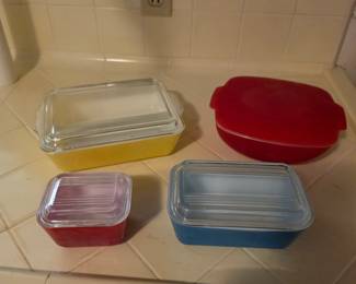 Vintage Pyrex Blue, Lemon Yellow, & Red Refrigerator Dishes w/ Lids