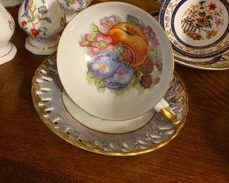 Vintage Japanese Porcelain Fruit Motif Pedestal Teacup With Reticulated Saucer