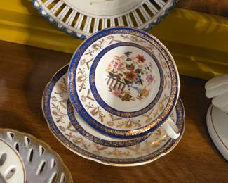 950s Vintage Royal Grafton English Bone China Cobalt Blue Floral Teacup and Saucer Set