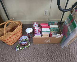 Sunroom - Basket with handle, tin, card stock in box & miscellaneous
