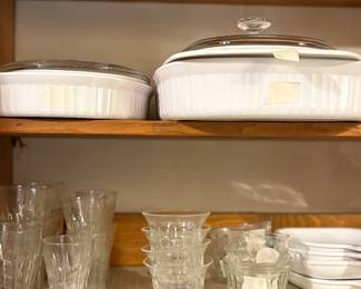 Corning ware on top shelf - vintage clear bowls & glassed