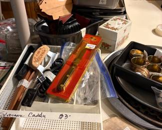 Kitchen. - Silverware caddy with lots of items, vintage receipe box, and more