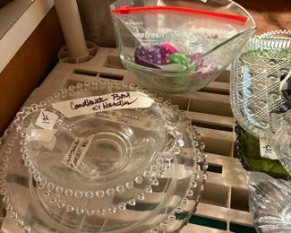 Candlewick dishes in front - large bowl in background in kitchen