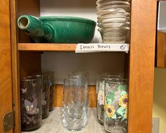 Vintage green handled bowl, small bowls & 3 sets of glasses
