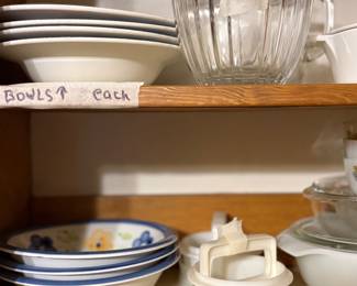 Birds& Bees set of 4 bowls & vintage handled glass bowl - top shelf 