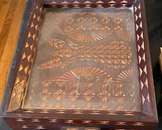 Antique Hand Carved Wooden Tray W/ Glass Top