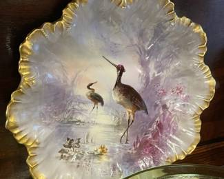 STUNNING Antique French Limoges Egret Porcelain Plates W/ Painted Gold Trim (Service For 6) W/ Serving Platter (Late 1800s/Early 1900s)
