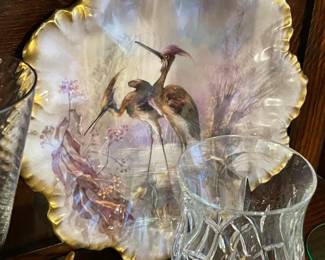 STUNNING Antique French Limoges Egret Porcelain Plates W/ Painted Gold Trim (Service For 6) W/ Serving Platter (Late 1800s/Early 1900s)