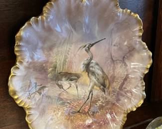STUNNING Antique French Limoges Egret Porcelain Plates W/ Painted Gold Trim (Service For 6) W/ Serving Platter (Late 1800s/Early 1900s)